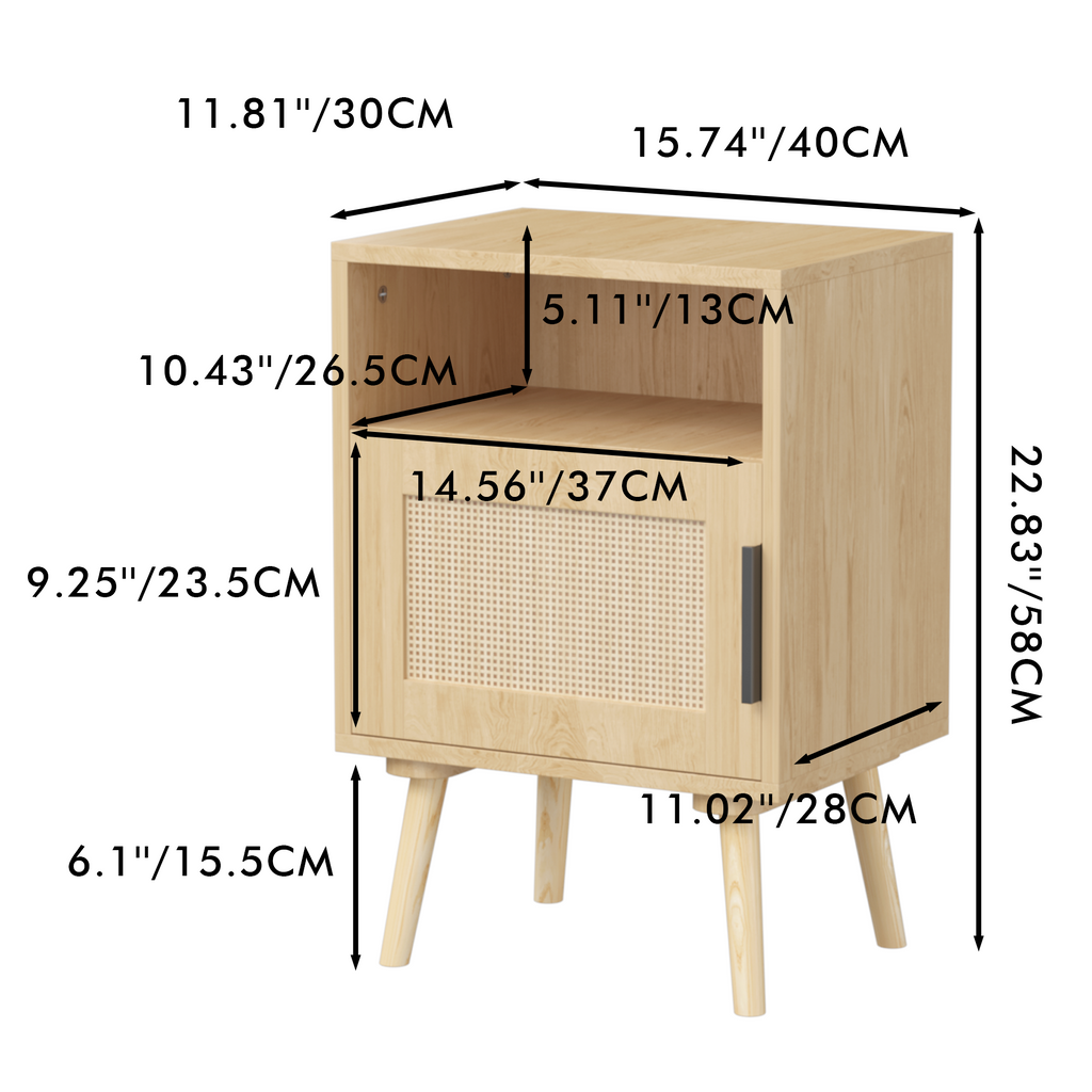 Oak Finish Rattan Nightstand with Solid Wood Legs, 22.83'' H Side Table with Door and Open Shelf for Bedroom, Dorm, and Small Spaces - Grand Goldman Shop