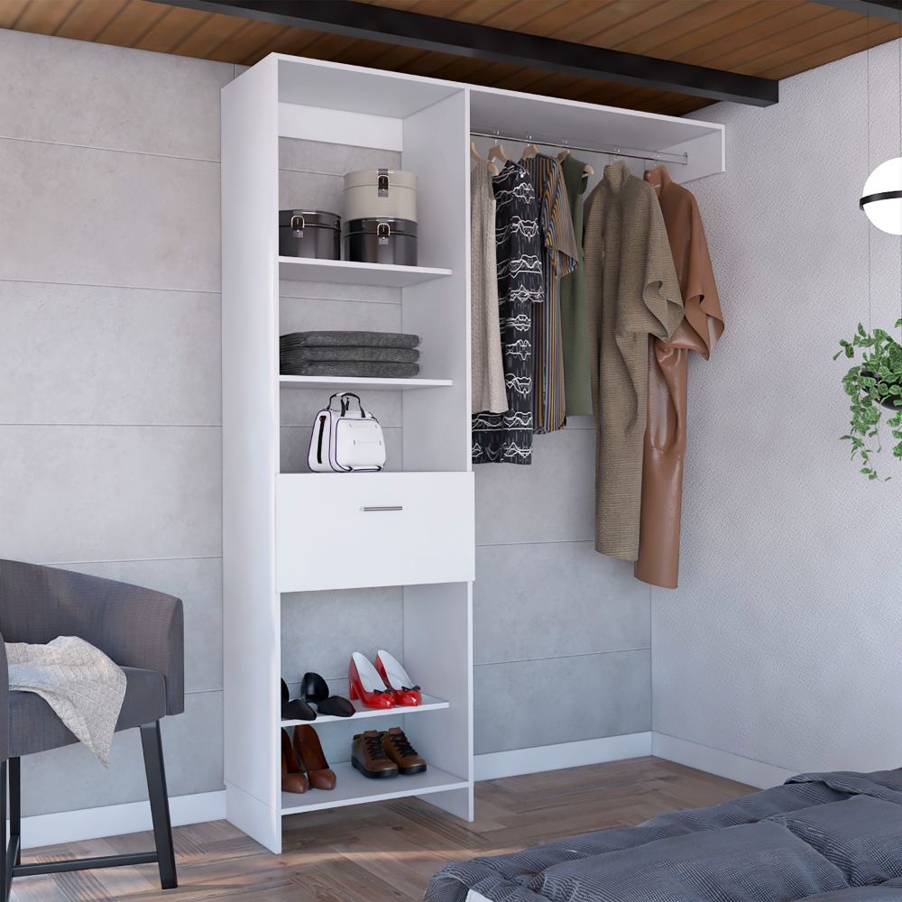 Manchester 150 Closet System, Metal Rod, Five Open Shelves, One Drawer -White - Grand Goldman Shop