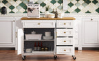 K&K 52'' Kitchen Island with Drop Leaf, Embossed Texture Kitchen Island on Wheels with Spice Rack, Towel Rack, 2 Doors and 5 Drawers, Kitchen Storage Cart with Adjustable Shelf for Kitchen, White - Grand Goldman Shop
