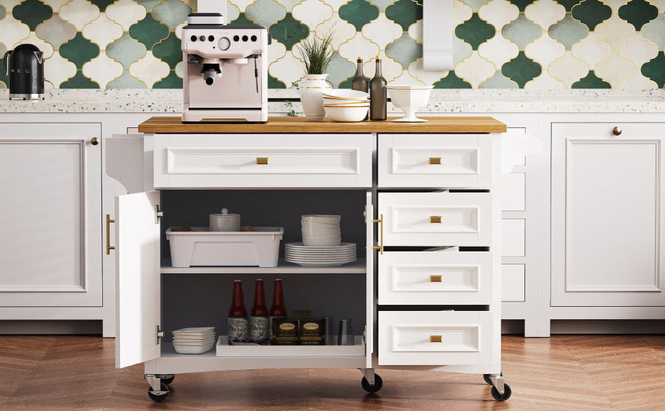K&K 52'' Kitchen Island with Drop Leaf, Embossed Texture Kitchen Island on Wheels with Spice Rack, Towel Rack, 2 Doors and 5 Drawers, Kitchen Storage Cart with Adjustable Shelf for Kitchen, White - Grand Goldman Shop