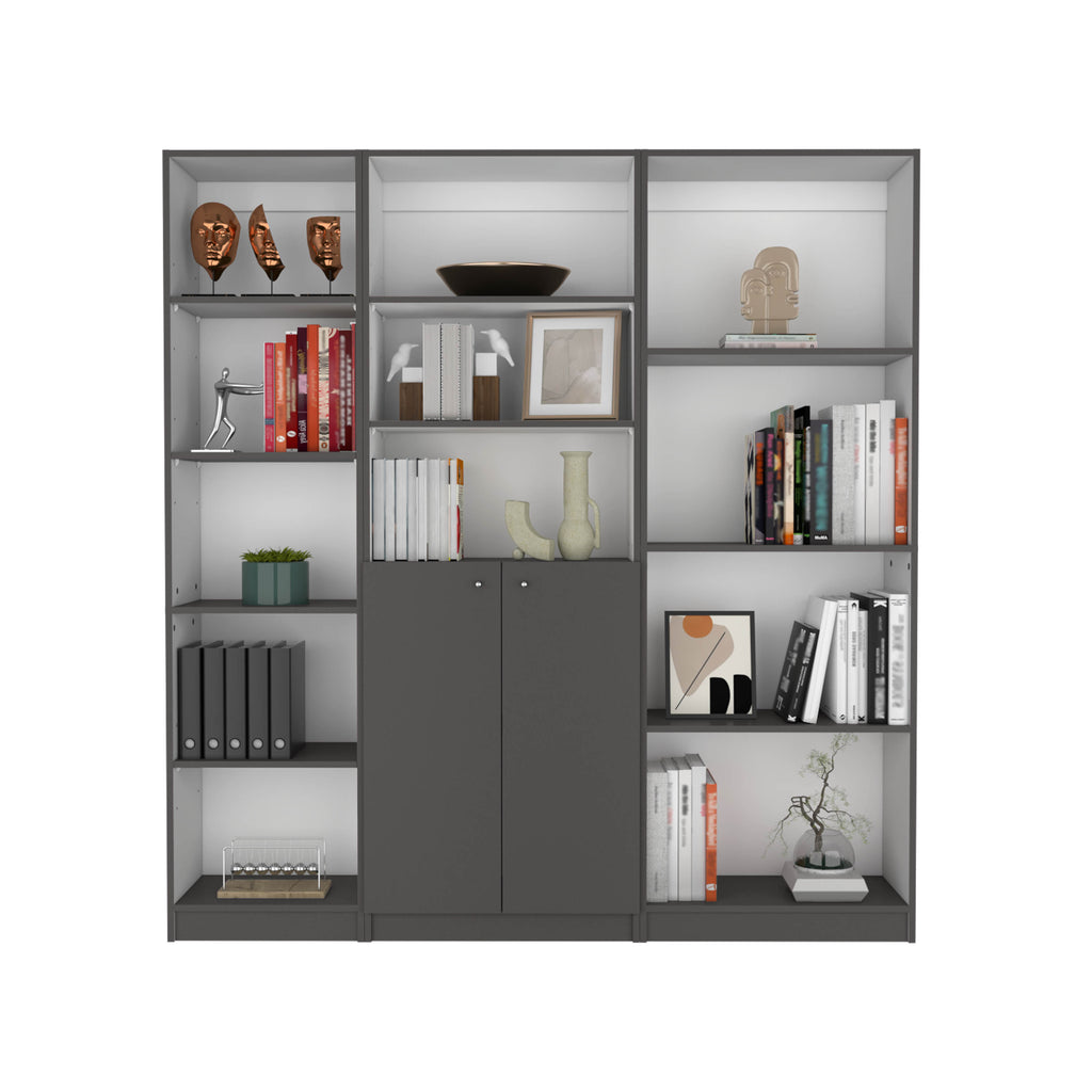 Poole 3 Piece Home Bookcase set, 67' Wide with 12 Shelves and 2-door Cabinet ,  Living Room Set  Matt Gray / White - Grand Go