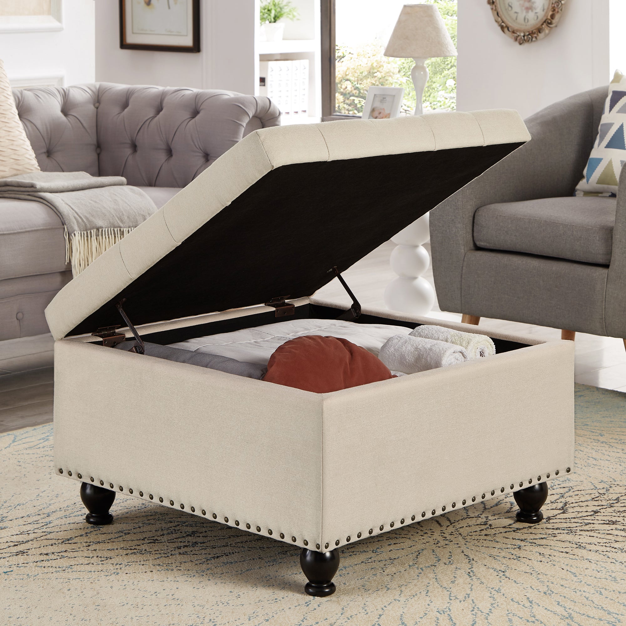 Large square storage ottoman with wooden legs, Upholstered button tufted coffee table with nail trims for Living Space,Beige - Grand Goldman Shop