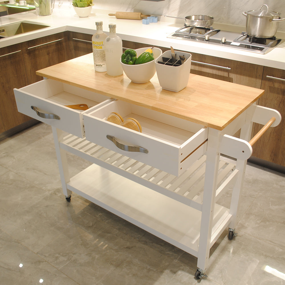 Kitchen Island & Kitchen Cart, Rubber Wood Top, Mobile Kitchen Island with Two Lockable Wheels, Simple Design for Easy Storing and Fetching, Two Drawers Give Unique Storage for Special Utensil. - Grand Goldman Shop
