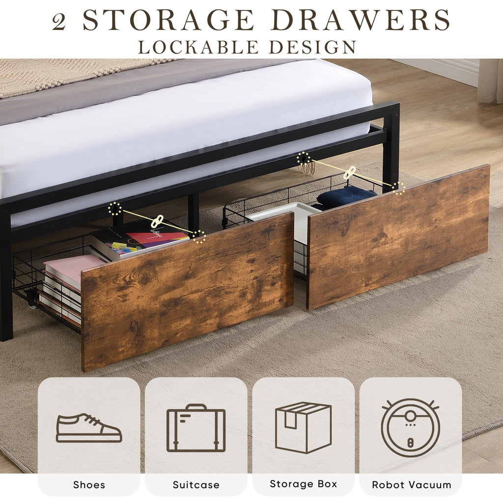 Full Size Bed Frame with Storage Headboard and 2 Drawers, LED Lights Bed with Charging Station, Metal Platform Bed No Noise, Mattress Foundation Strong Metal Slats Support No Box Spring Needed - Grand Goldman Shop
