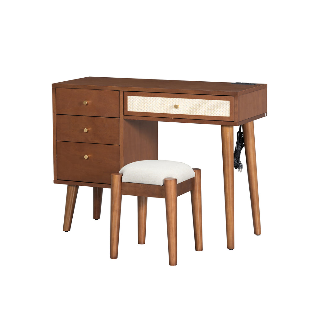 39' Retro Bohemian Style Wooden Makeup Vanity Set with Charging Plug&USB Port and Stool, Dressing Table with 3 Storage Drawers and 1 Rectangular Rattan Drawer, Walnut - Grand Goldman Shop