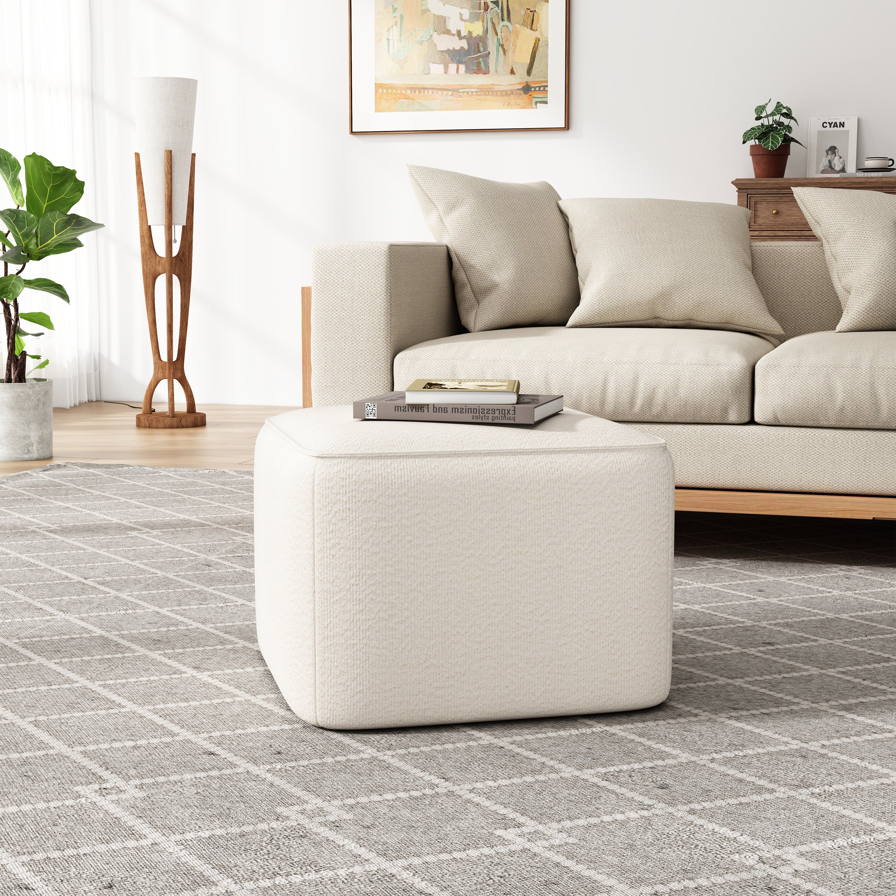 Upholstered Square Ottoman,White,Boucle - Grand Goldman Shop