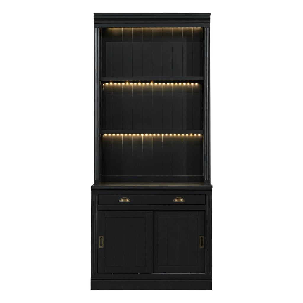 Stylish 83.4'Tall Bookshelf with with 3 pieces LED Lighting, Modern Bookcase with Sliding Doors and Open Shelves,Storage Book