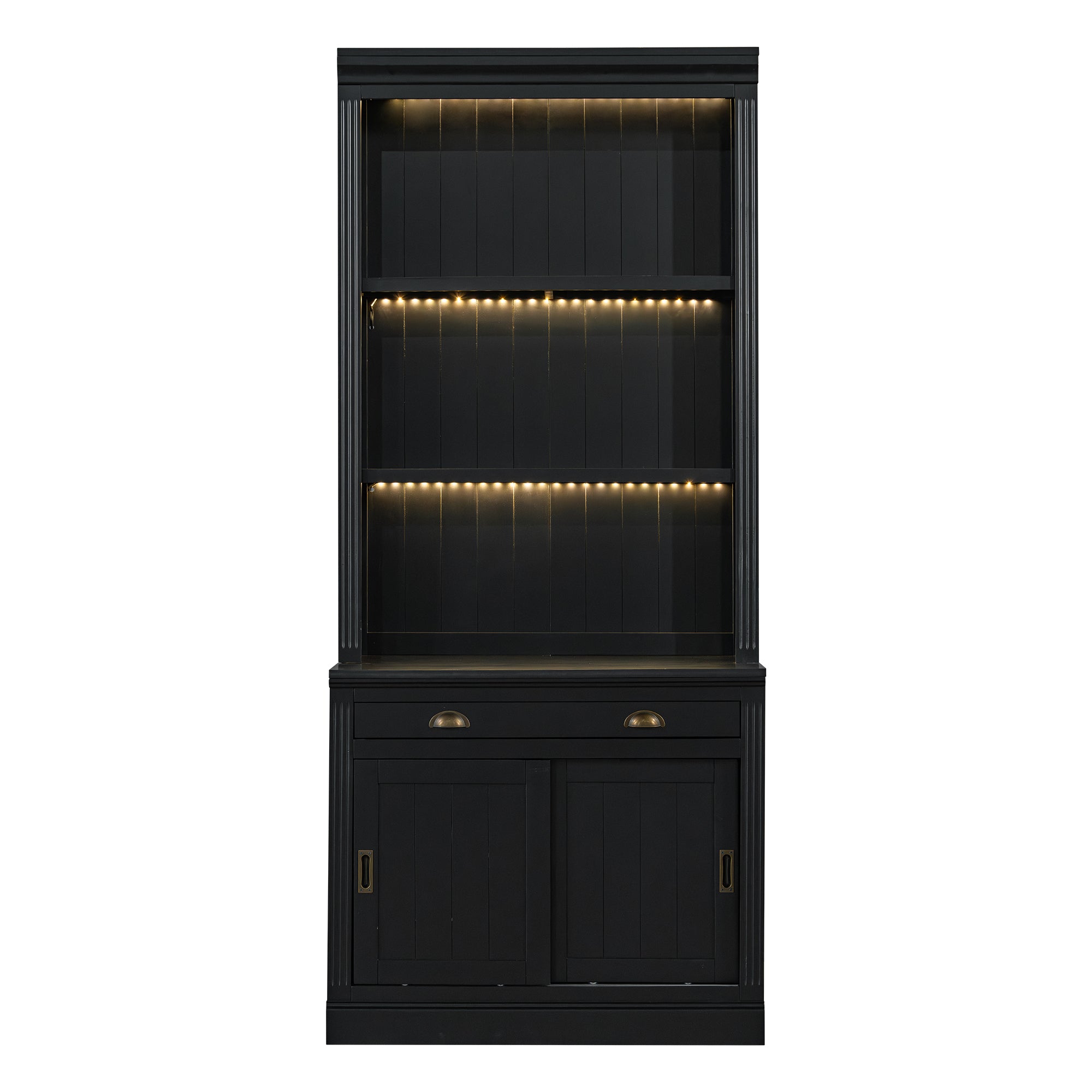 Stylish 83.4'Tall Bookshelf with with 3 pieces LED Lighting, Modern Bookcase with Sliding Doors and Open Shelves,Storage Book