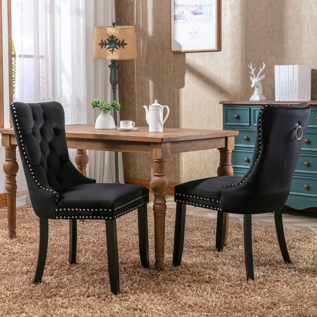 Nikki Collection Modern, High-end Tufted Solid Wood Contemporary Velvet Upholstered Dining Chair with Wood Legs Nailhead Trim 2-Pcs Set, Black, SW2001BK - Grand Goldman Shop
