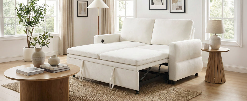 Convertible Sofa Bed 62.75' Loveseat with Adjustable Backrest and USB Ports in Beige Chenille Fabric - Grand Goldman Shop