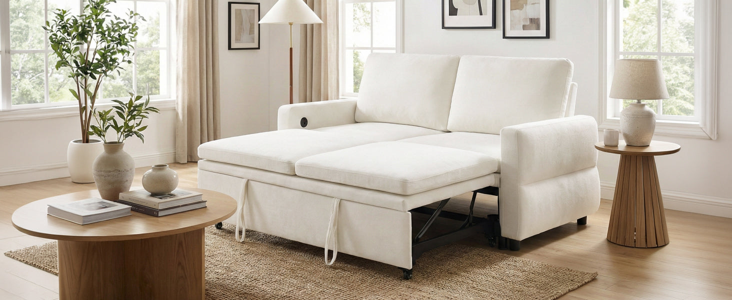 Convertible Sofa Bed 62.75' Loveseat with Adjustable Backrest and USB Ports in Beige Chenille Fabric - Grand Goldman Shop