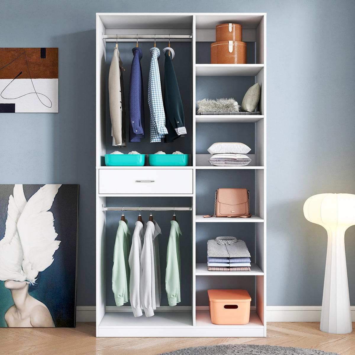 Freestanding Closet System,  Stand-Alone Wardrobe with 6 open Shelves,74.8'' Heigh Closetwith 1 Wood Drawers, Wood Walk-in Closet with 2 Hanging Rod, White - Grand Goldman Shop