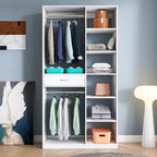 Freestanding Closet System,  Stand-Alone Wardrobe with 6 open Shelves,74.8'' Heigh Closetwith 1 Wood Drawers, Wood Walk-in Closet with 2 Hanging Rod, White - Grand Goldman Shop