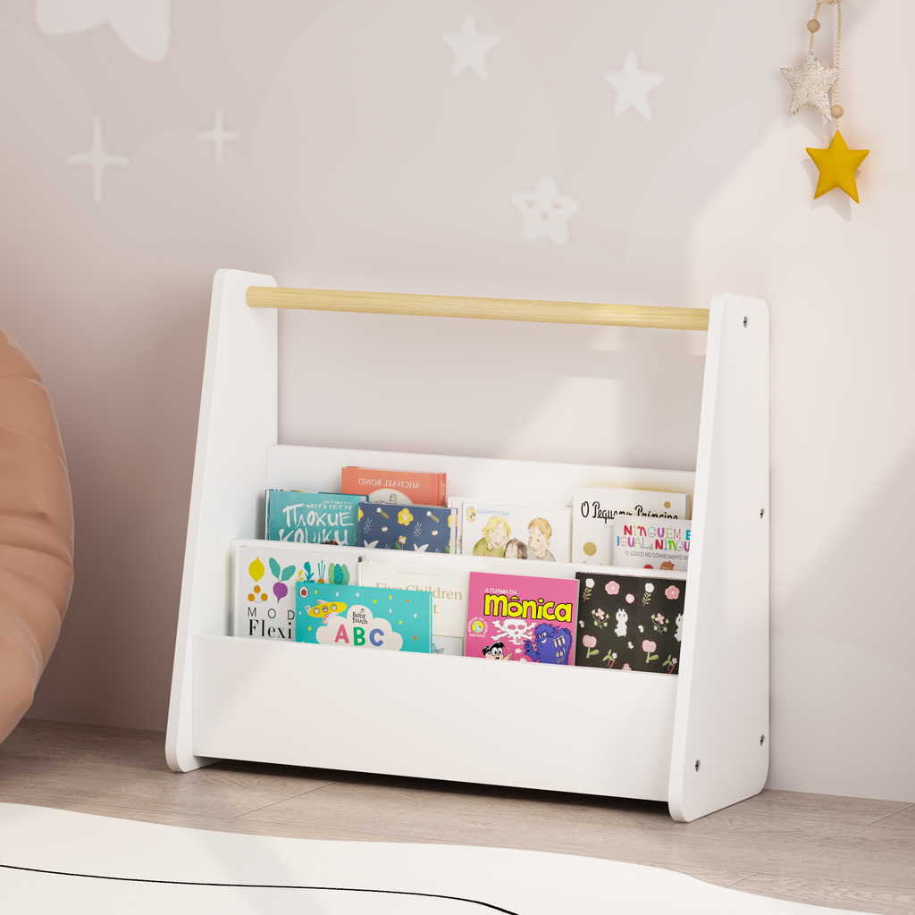 Kids Bookshelf with Wooden Handle, 2-Tier Front-Facing Toddler Bookcase, Portable Children's Book Storage Organizer for Bedro