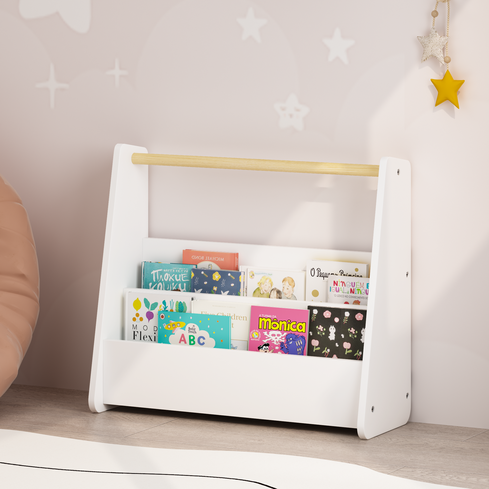 Kids Bookshelf with Wooden Handle, 2-Tier Front-Facing Toddler Bookcase, Portable Children's Book Storage Organizer for Bedro