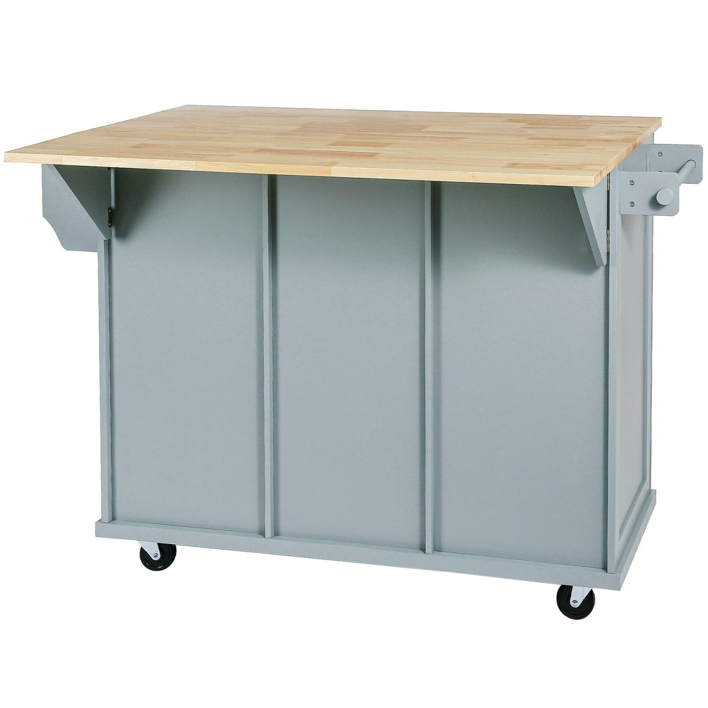 Kitchen Cart with Rubber wood Drop-Leaf Countertop ,Cabinet door internal storage racks,Kitchen Island on 5 Wheels with Storage Cabinet and 3 Drawers for Dinning Room, Grey Blue - Grand Goldman Shop