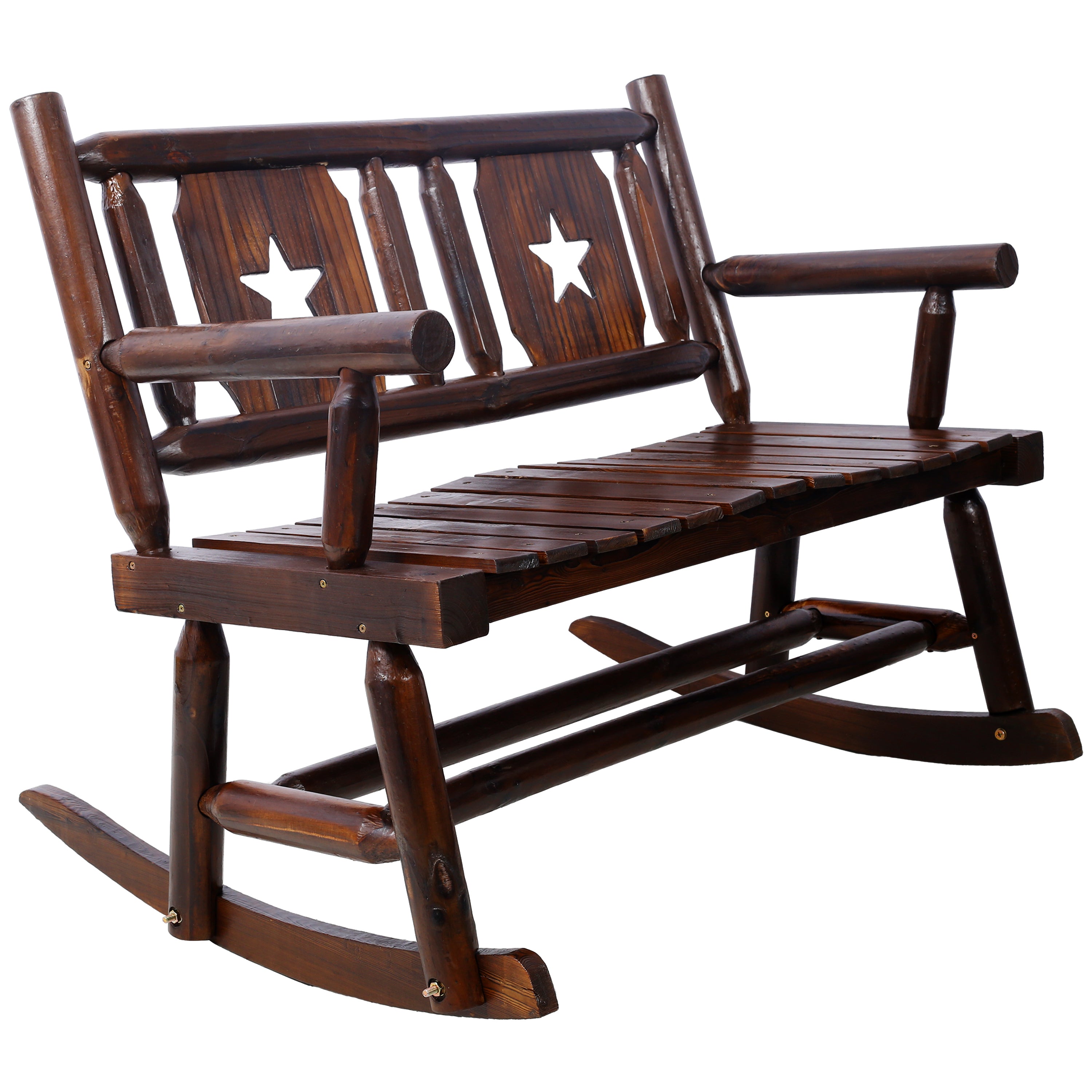 Outdoor Wood Rocking Bench Carbonized Double Rocking Chair for 2 Persons with Wide Curved Seat, Porch Rocker for Porch, Garden, Backyard, Rustic Brown - Grand Goldman Shop