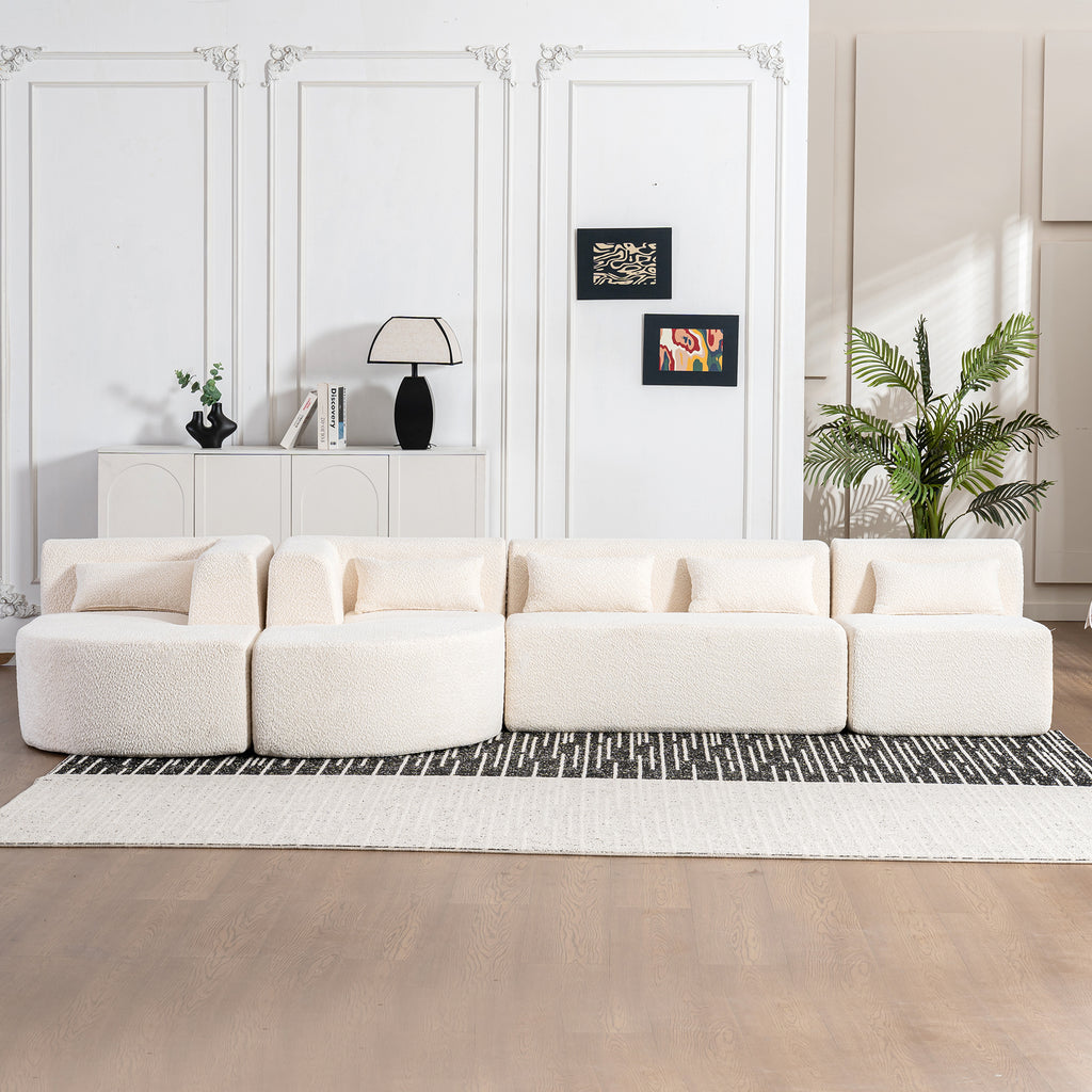 Modern Upholstered L-Shape Sofa with Chaise Lounge and Back Pillows, Beige Boucle Fabric, 144 inches - Grand Goldman Shop