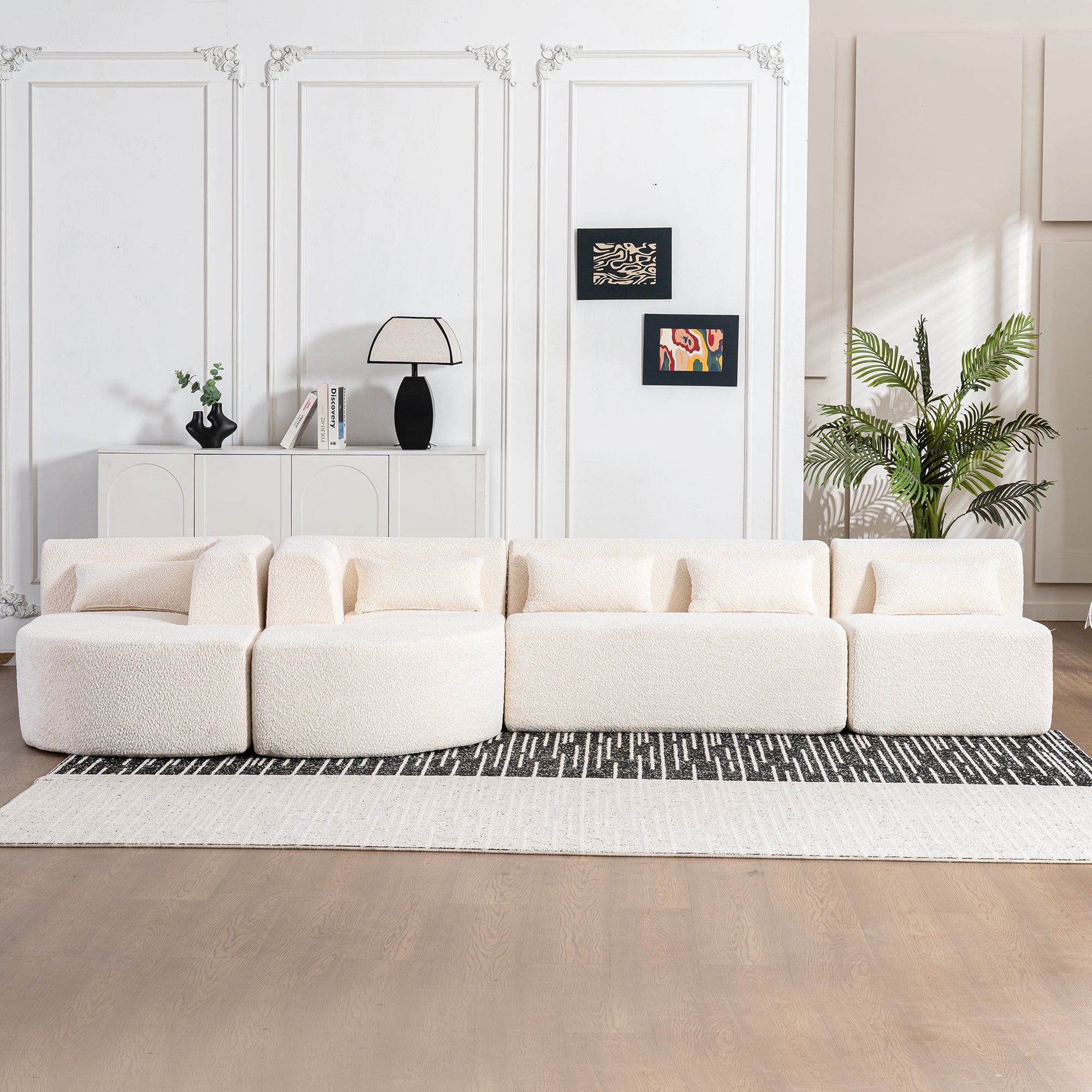 Modern Upholstered L-Shape Sofa with Chaise Lounge and Back Pillows, Beige Boucle Fabric, 144 inches - Grand Goldman Shop