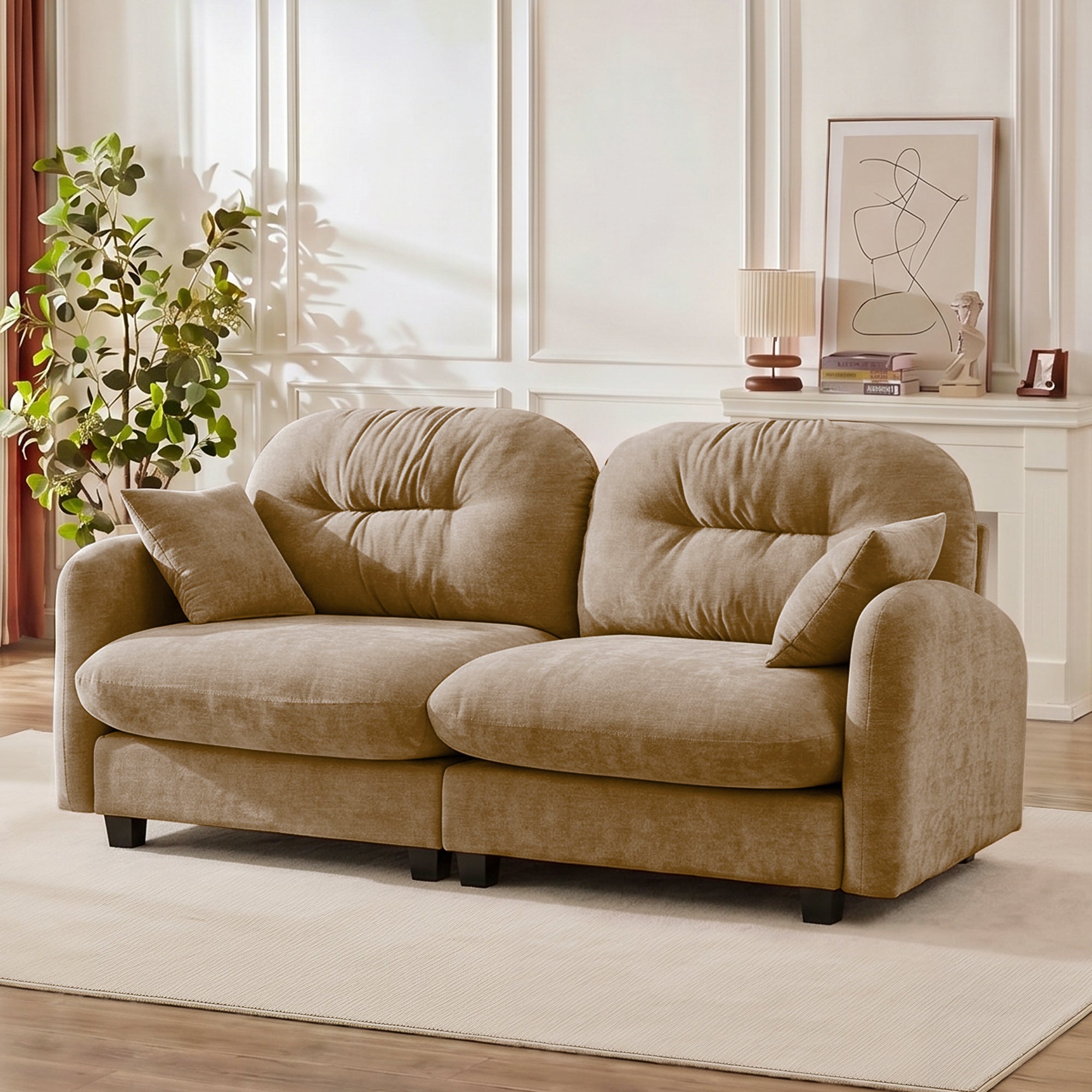 Loveseat Cloud Sectional Couches Chenille Fabric,Quilted Pleated Design, Ergonomic Design,High-Density Foam Easy Install Elegant Armrests High Quality Wooden Base,Fits Living Rooms,Camel - Grand Goldman Shop