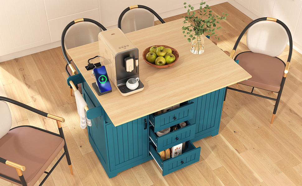 K&K 55.7'' Large Kitchen Island with 2 Drop Leaf,, Rolling Kitchen Cart on 5 Wheels with Power Outlet, Folding Storage Dining Table with Spice & Towel Rack , 3 Drawers, for Kitchen, Dining Room,Green - Grand Goldman Shop