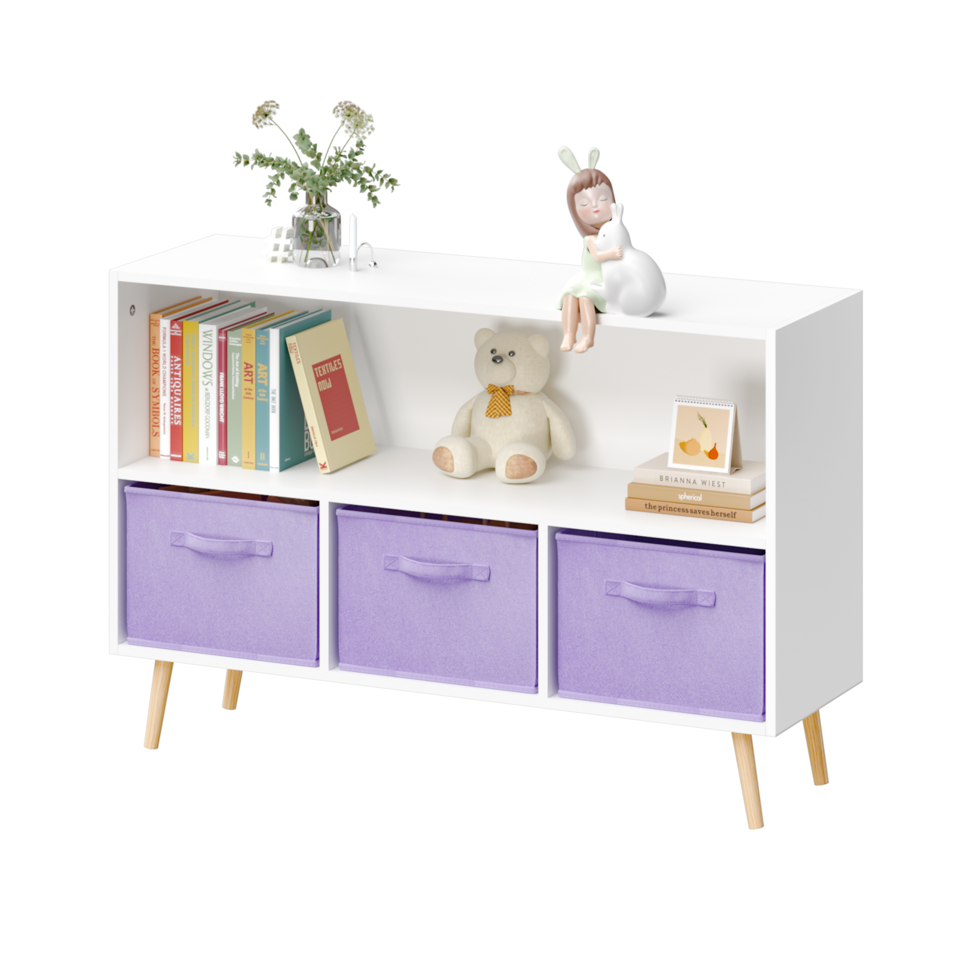 Kids Bookcase with Collapsible Fabric Drawers, Children's Book Display Organizer in White and Purple, MDF with Pine Legs | Pr