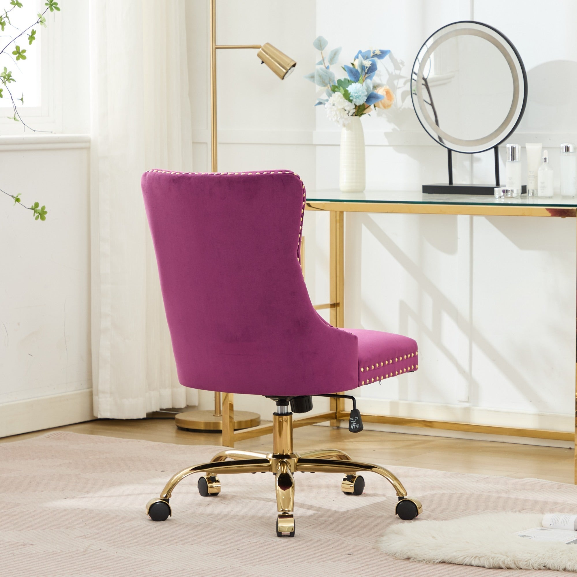 A&A Furniture Office Chair,Modern Velvet Upholstered Tufted Button Home Office Chair with Golden Metal Base,Adjustable Desk C