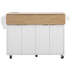 K&K 55.5' Fluted Kitchen Island with 2 Drop Leaf, Kitchen Storage Cart with Power Outlet, 4 Doors, Spice rack, Rolling Island Table with Wood-grain Top, Curved Edge for Kitchen, Dining Room,White - Grand Goldman Shop