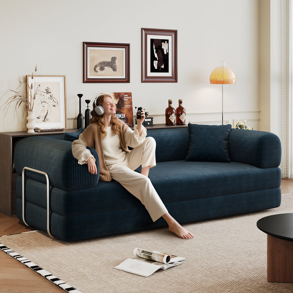 78.8' Compression Sofa,Convertible Floor Sofa Bed-with Pillow Back Support Armrest,Comfy Futon Couch Sleeper Bed,Loveseats Boneless Modular Sectional Sofa,Corduroy fabric,for Living Room,Bedroom,Blue - Grand Goldman Shop