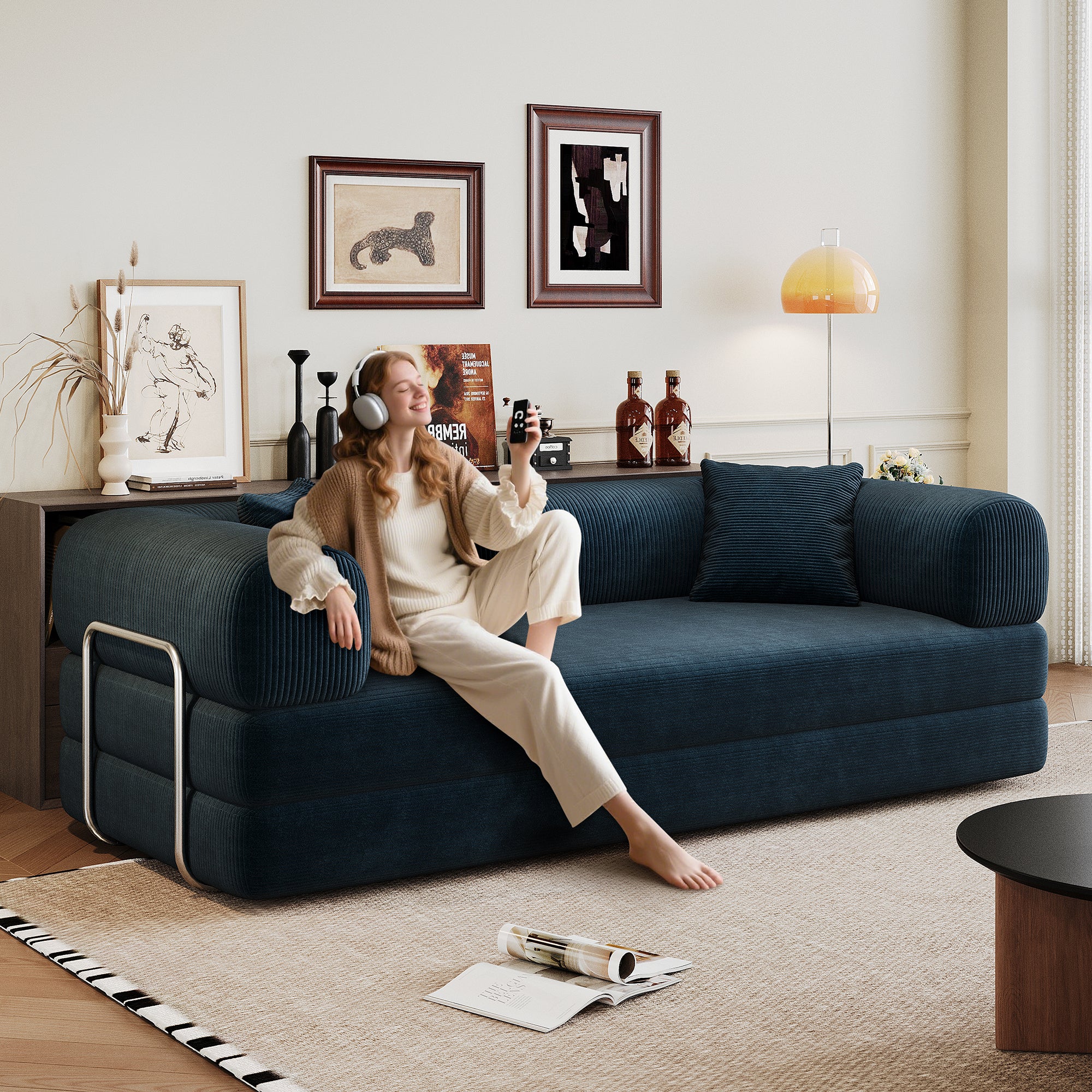 78.8' Compression Sofa,Convertible Floor Sofa Bed-with Pillow Back Support Armrest,Comfy Futon Couch Sleeper Bed,Loveseats Boneless Modular Sectional Sofa,Corduroy fabric,for Living Room,Bedroom,Blue - Grand Goldman Shop