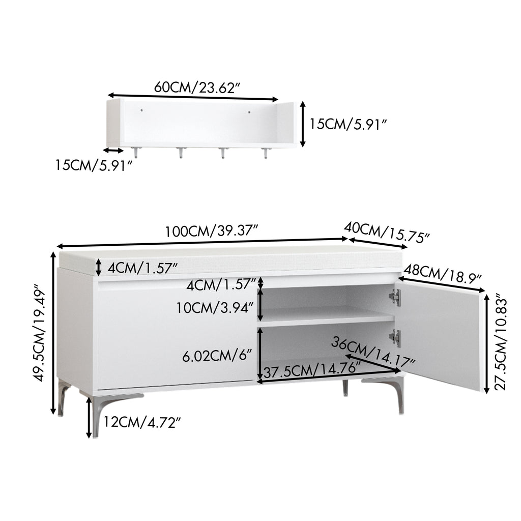 Modern White Wall-Mounted Entryway Shelf with Hooks and Storage Bench Set, Off White Metal & Wood, 39.37 x 15.75 x 19.49 inches - Grand Goldman Shop