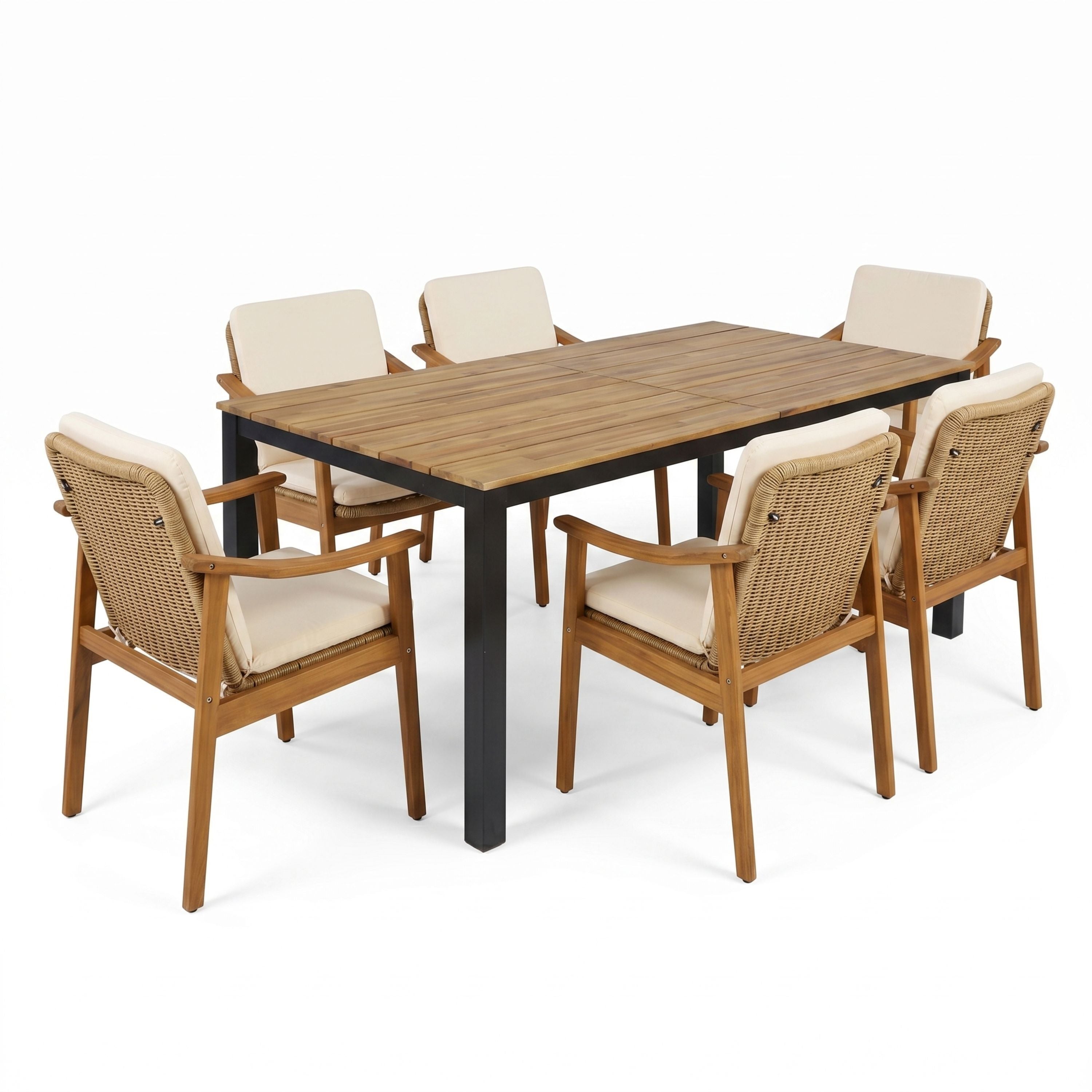 7-teiliges Outdoor-Essgruppe für die Terrasse mit beigen Kissen: 71" Akazien-Eisen-Tisch & 6 Armlehnenstühle in Teak, Schwarz, Beige