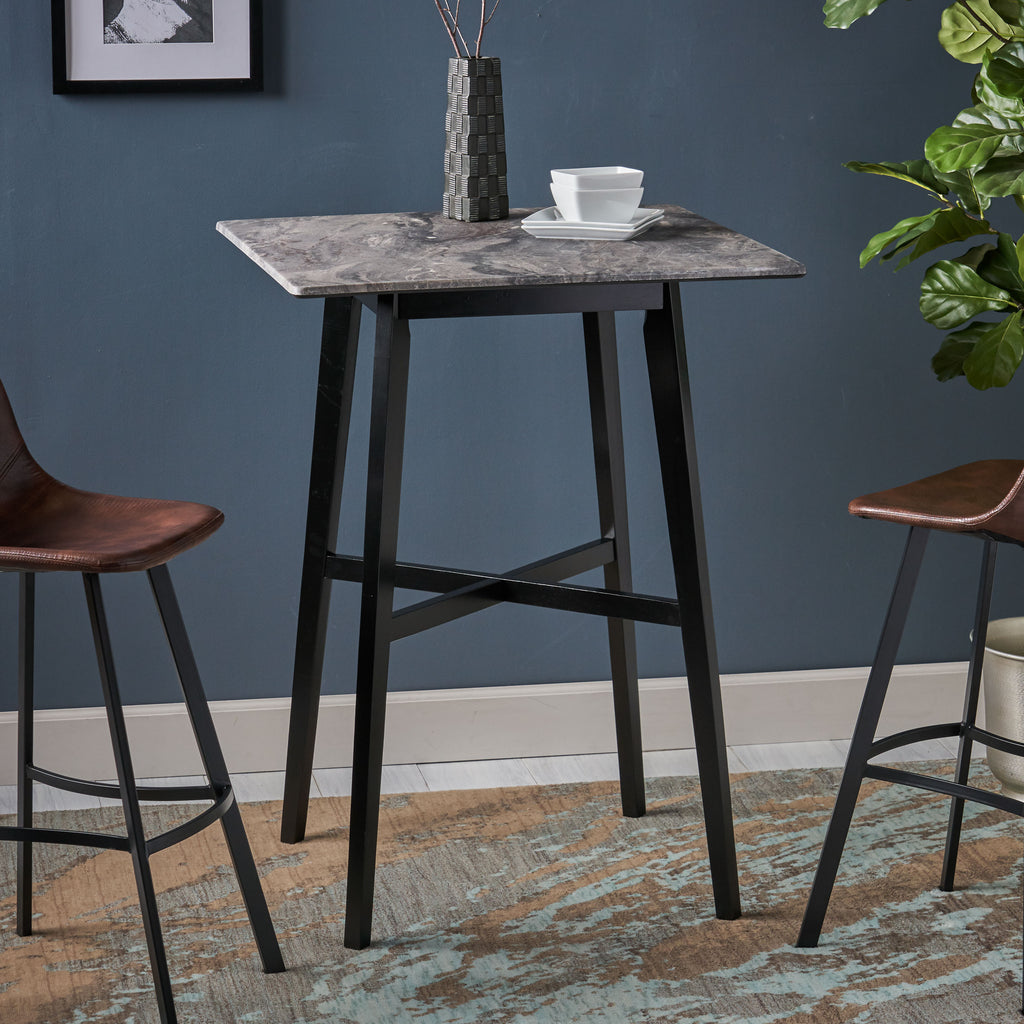 Modern Bar Height 42' Dining Table, Rubberwood Legs and Laminate Table Top, Paladina Marble Finish, Black - Grand Goldman Shop