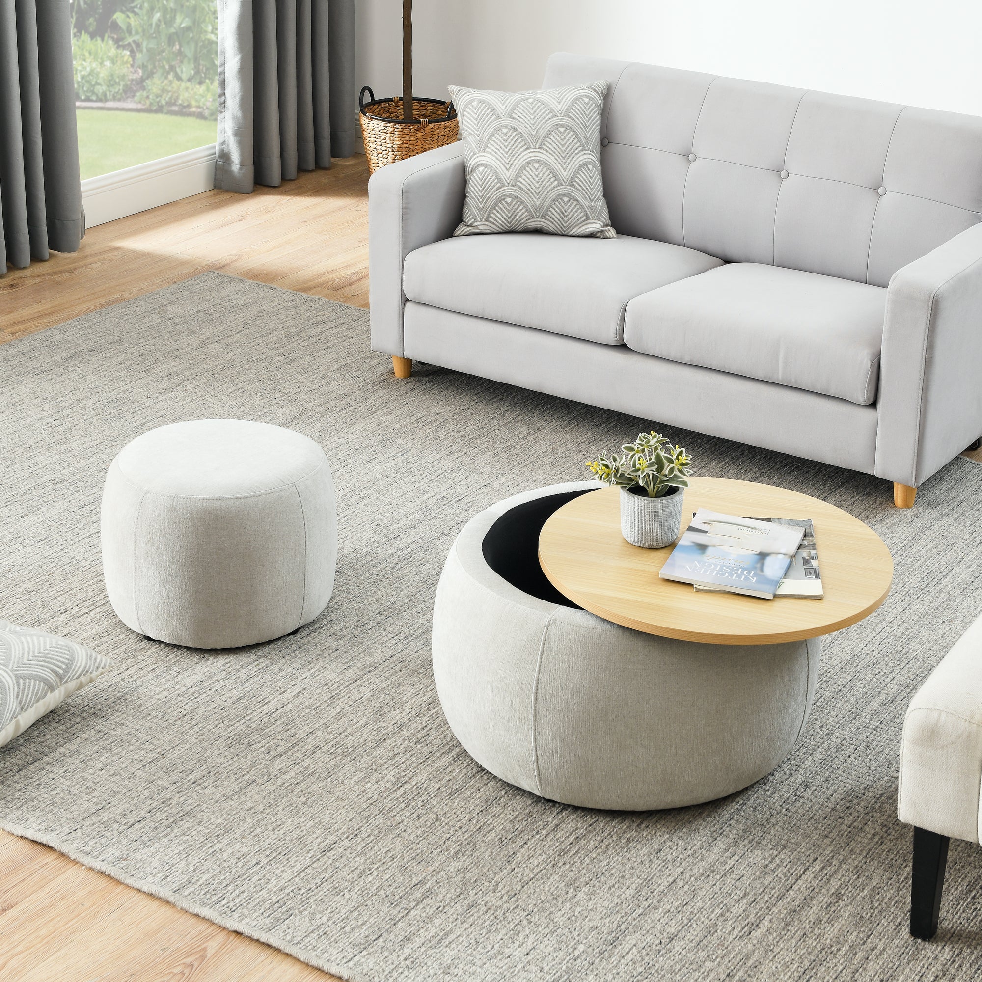 Light Grey Round Storage Ottoman, 2 in 1 Function End Table and Ottoman with Small Seat, Eucalyptus Wood and Foam - Grand Goldman Shop