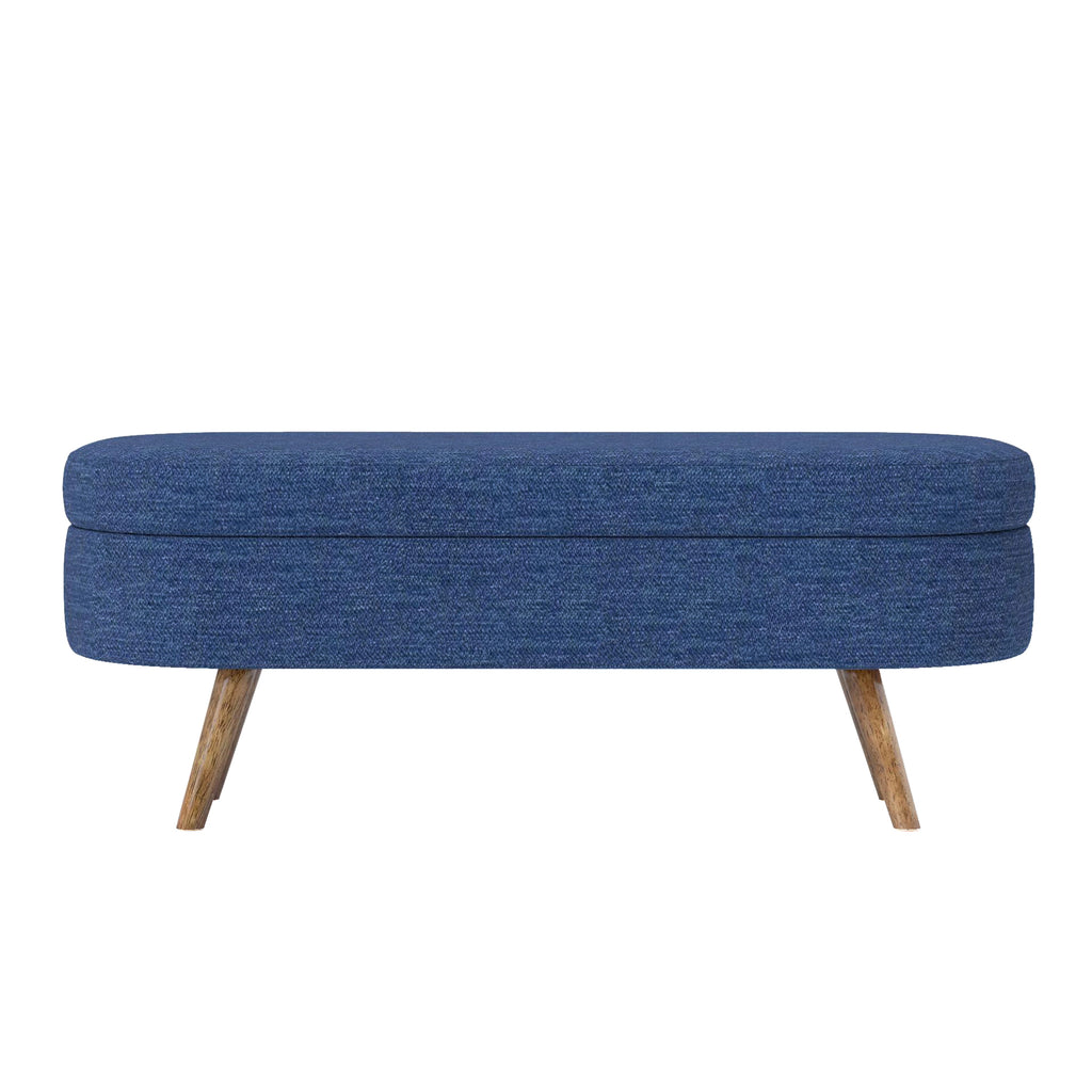 Ottoman Oval Storage Bench with Rubber Wood Legs in Blue Linen with Foam Padding - Grand Goldman Shop