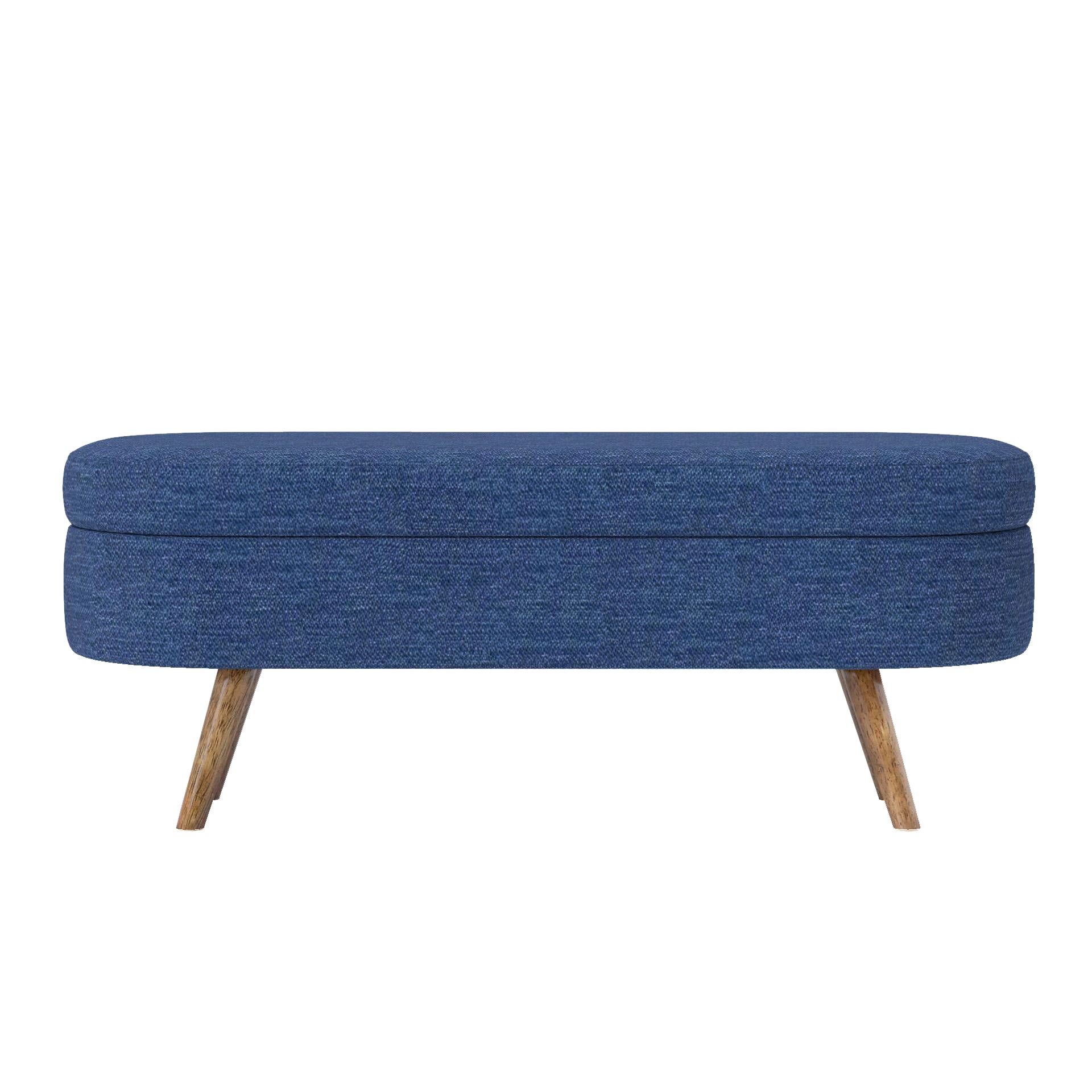 Ottoman Oval Storage Bench with Rubber Wood Legs in Blue Linen with Foam Padding - Grand Goldman Shop