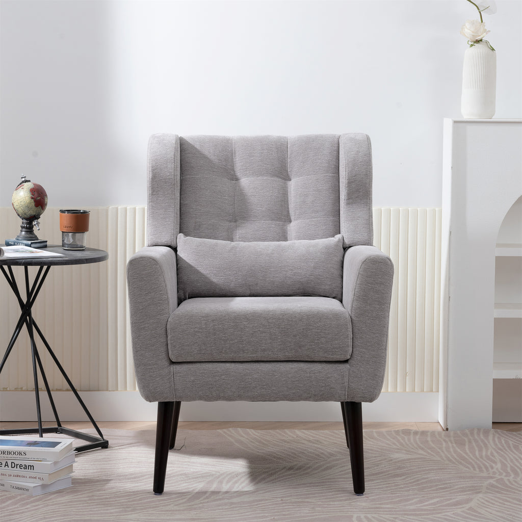 Modern Accent Chair Chenille Arm Chairs for Living Room Upholstered Comfy Soft Padded Lounge Chair with Pillow Solid Wood Leg Gray - Grand Goldman Shop