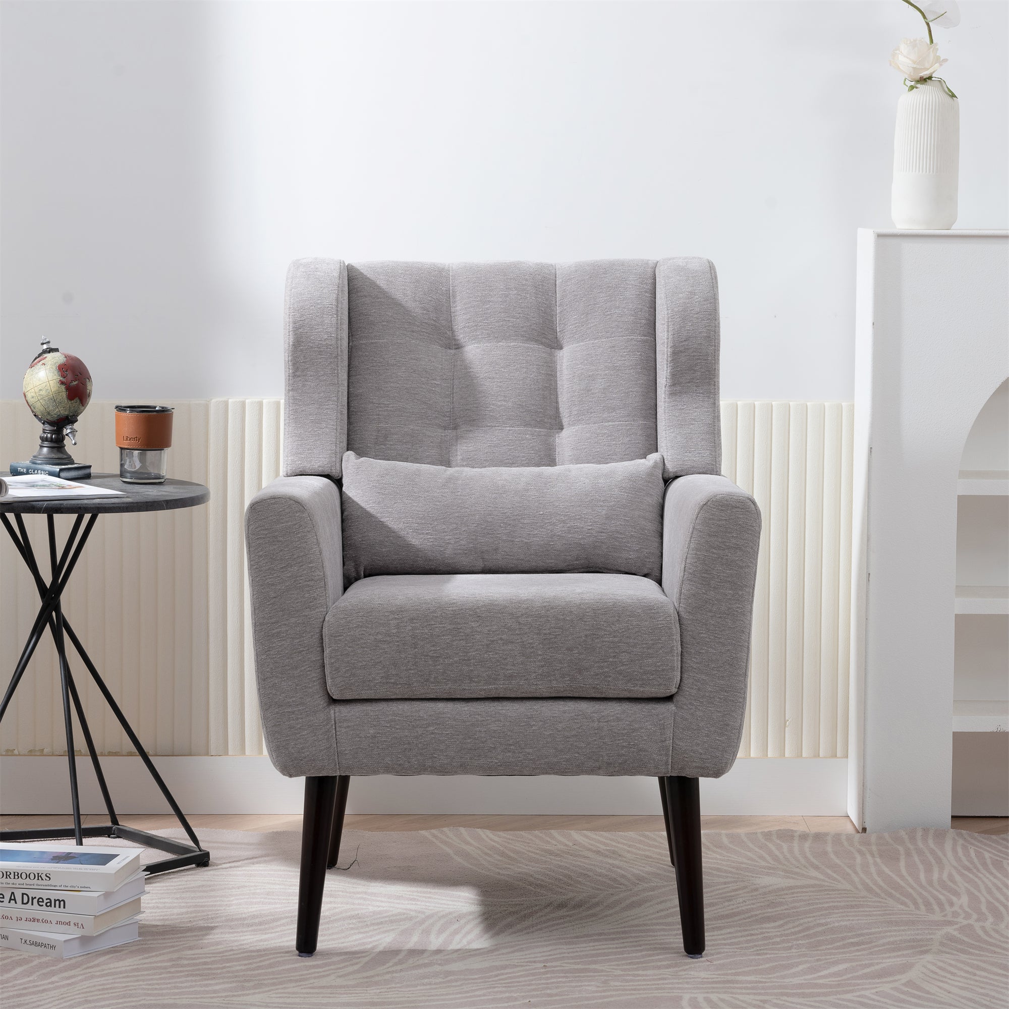 Modern Accent Chair Chenille Arm Chairs for Living Room Upholstered Comfy Soft Padded Lounge Chair with Pillow Solid Wood Leg Gray - Grand Goldman Shop