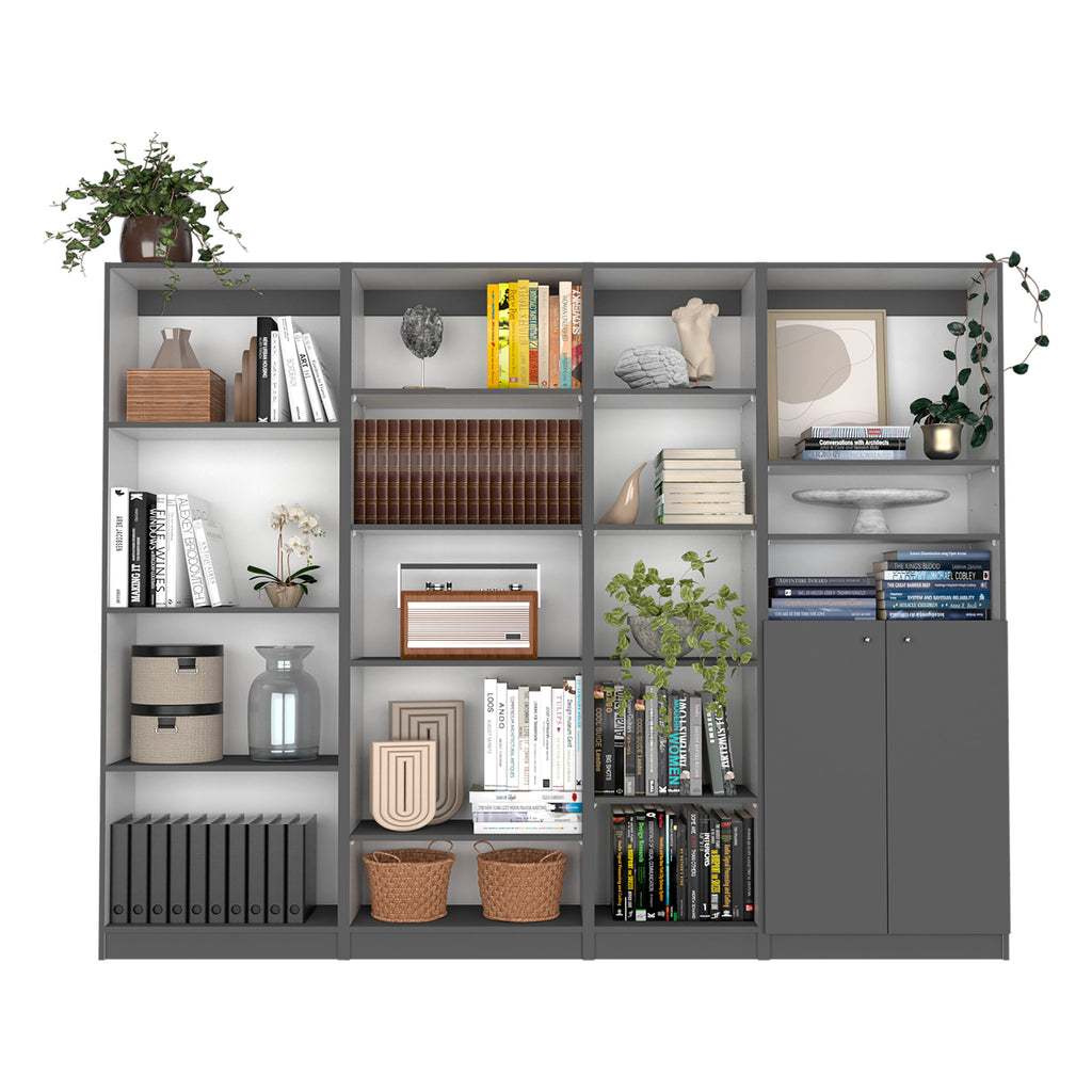Dupree 4 Piece Home Bookcase set, 91' Wide with 17 Shelves And a Double-Door Cabinet ,  Living Room Set  Matt Gray / White | 