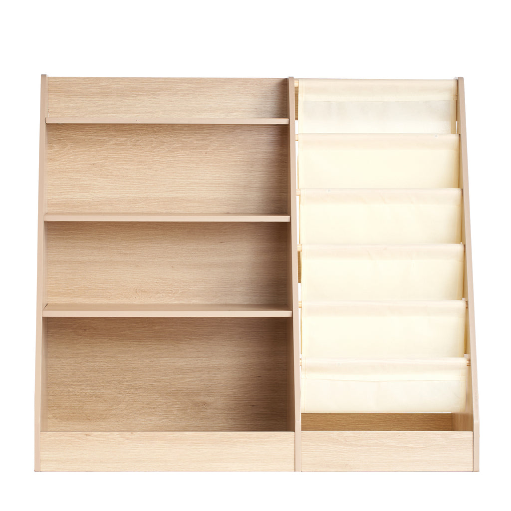 Wooden Kids Bookshelf 4-Tier, Toy Storage Organizer for Toddler, Book Shelf for Kids Rooms with 6-Layer Sling Book Rack, Baby