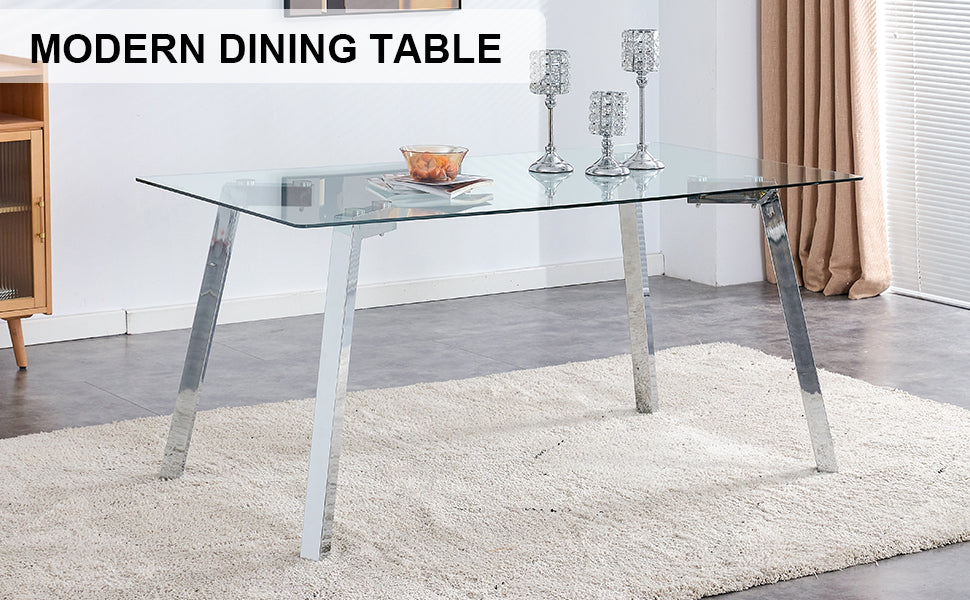 A modern minimalist rectangular glass dining table with tempered glass tabletop and silver metal legs, suitable for kitchens, restaurants, and living rooms,63'*35.4'*30' - Grand Goldman Shop
