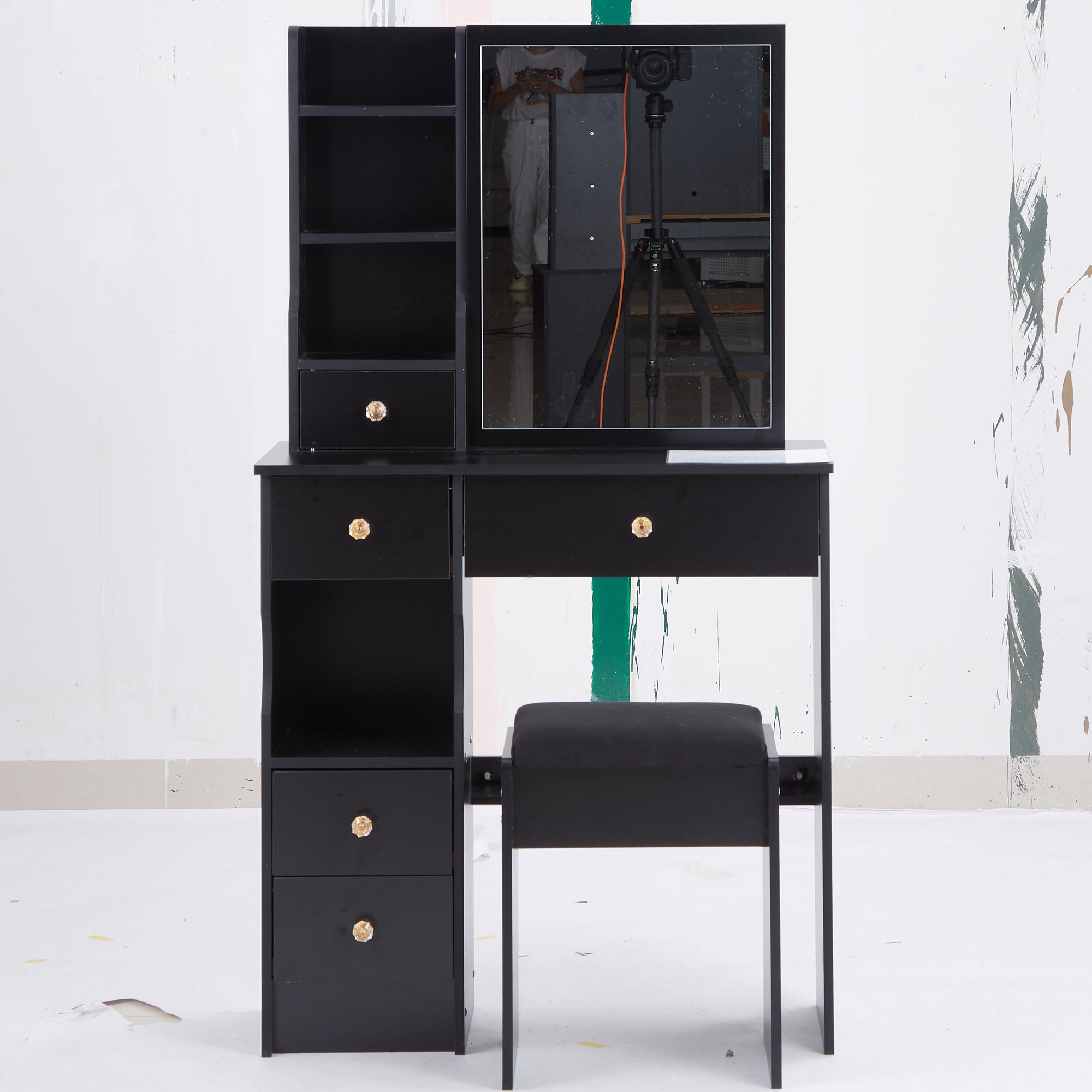 29.2' Small Space Left Drawer Desktop Vanity Table + Cushioned Stool, Extra Large Right sliding mirror, Multi Layer High Capacity Storage, Practical Fashionable Dresser, Suitable For Small Space - Grand Goldman Shop