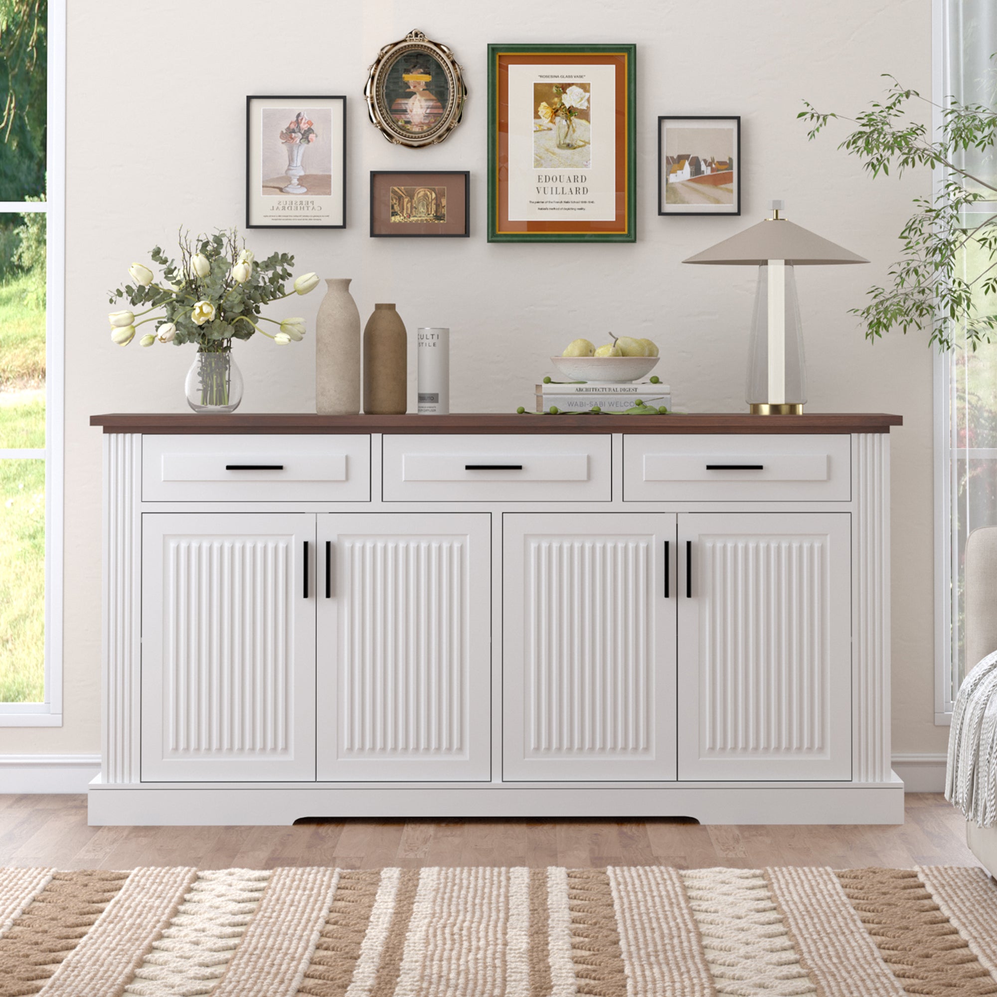 Modern Fluted Sideboard Buffet Cabinet with 4 Doors 3 Drawers, White MDF Storage Console Table for Living Room Dining Room Entryway, 63.11' L x 15.75' W x 32' H - Grand Goldman Shop