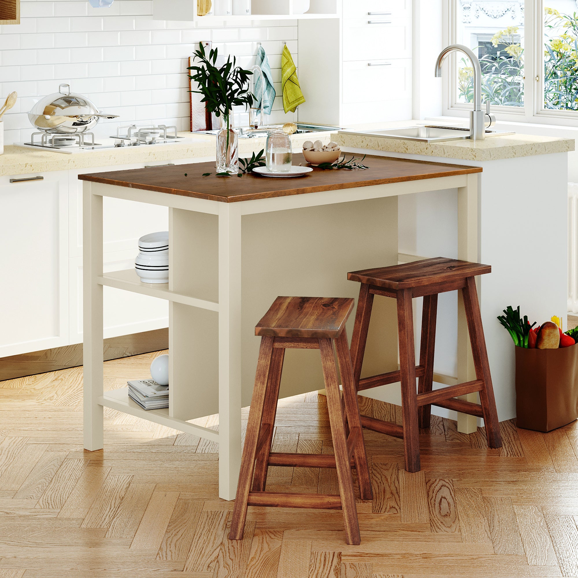 TOPMAX Rustic 3-piece Stationary Kitchen Island Set with Butcher Block and Seating, Walnut and Cream White - Grand Goldman Shop