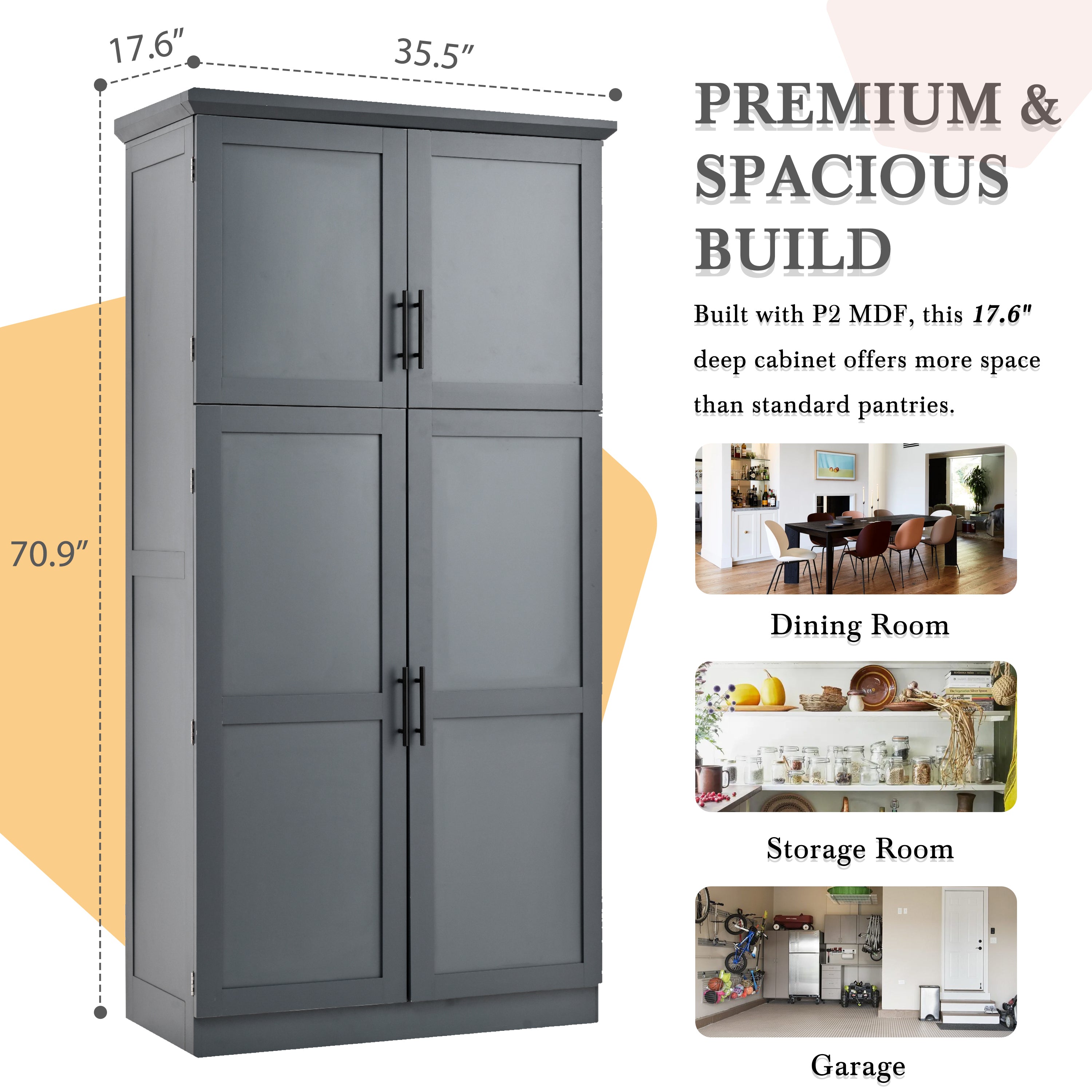 [Assembly Video Provided] TOPMAX 35.5x17.6x70.9inch Freestanding Kitchen Pantry Cabinet, Tall Storage Cabinet with 4 Doors, 2 Door Shelves, 8 Pull-out Trays and Adjustable Shelf for Dining Room, Gray - Grand Goldman Shop