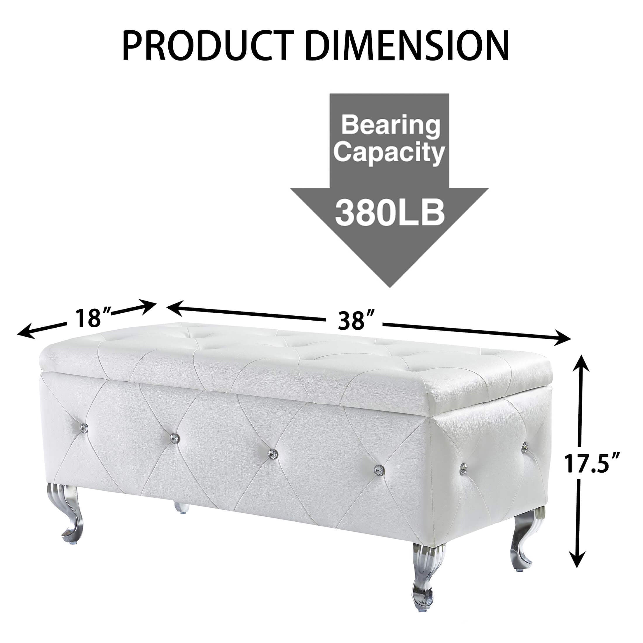 Upholstered Storage Ottoman Bench For Bedroom End Of Bed Faux Leather Rectangular Storage Benches Footrest With Crystal Buttons For Living Room Entryway (White) - Grand Goldman Shop