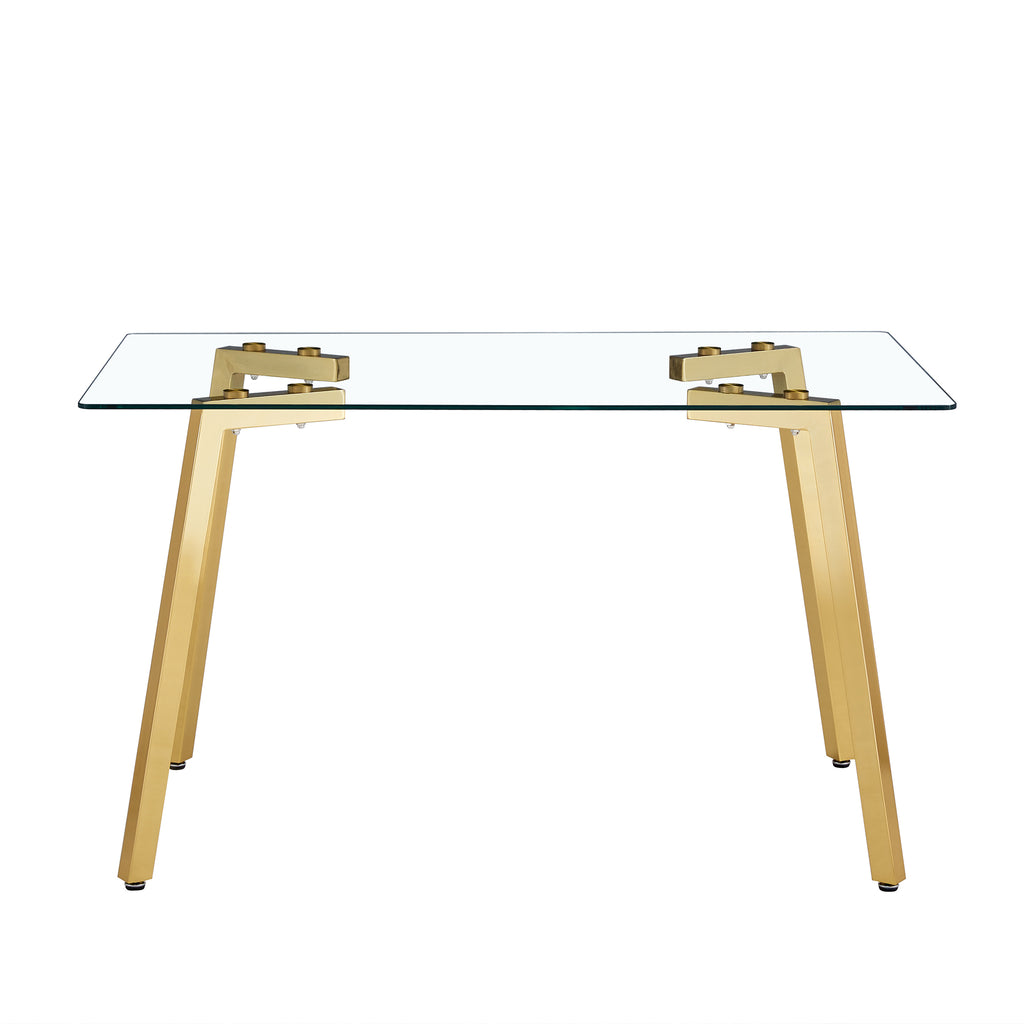 Modern minimalist style rectangular glass dining table with tempered glass tabletop and golden metal legs, suitable for kitchen, dining room, and living room, 51 ' * 31.5 ' * 29.5 '   1123 - Grand Goldman Shop