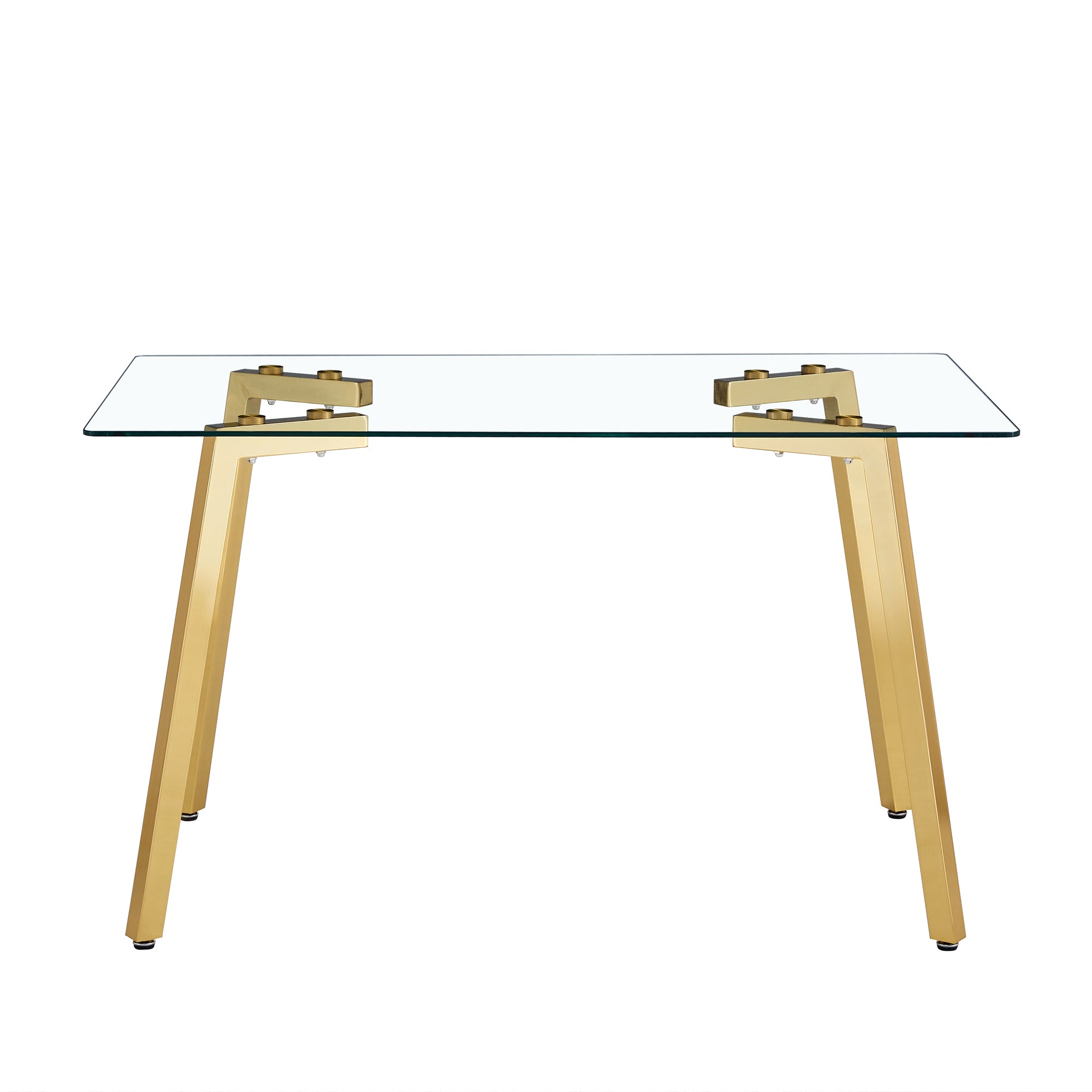 Modern minimalist style rectangular glass dining table with tempered glass tabletop and golden metal legs, suitable for kitchen, dining room, and living room, 51 ' * 31.5 ' * 29.5 '   1123 - Grand Goldman Shop
