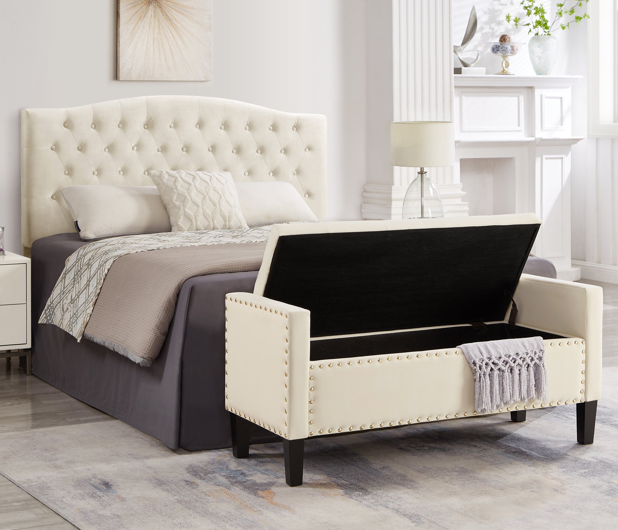 Upholstered Tufted Button Storage Bench with nails trim,Entryway Living Room Soft Padded Seat with Armrest,Bed Bench - Cream - Grand Goldman Shop
