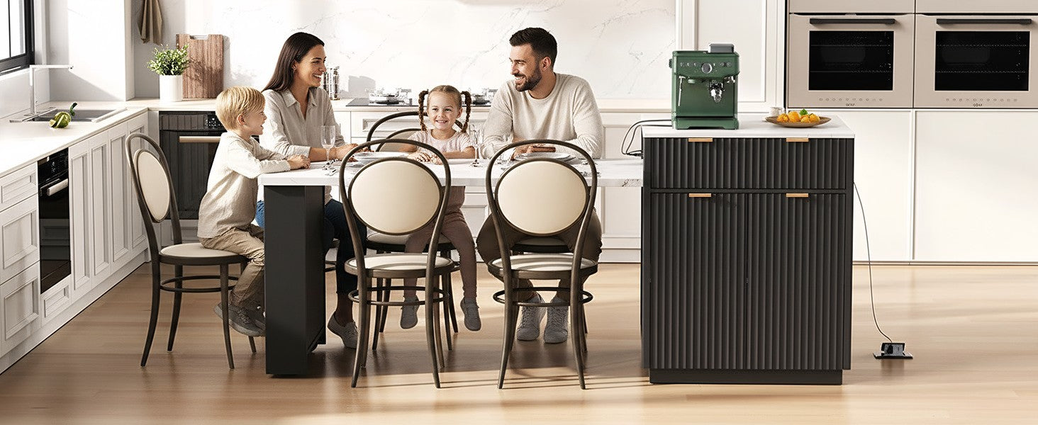 K&K 82.6' Fluted Kitchen Island with Extendable Dining Table for 4-6, Island Table for Kitchen with Power Outlet, Kitchen Table with Double-Side Storage, 2 Drawers 2 Side Open Shelves, Black - Grand Goldman Shop